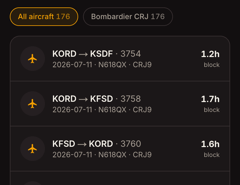 Aircraft filter chips above the logbook list, one per type flown, each showing how many legs it holds.