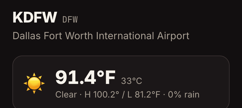An airport page for KDFW showing the field name and current weather.
