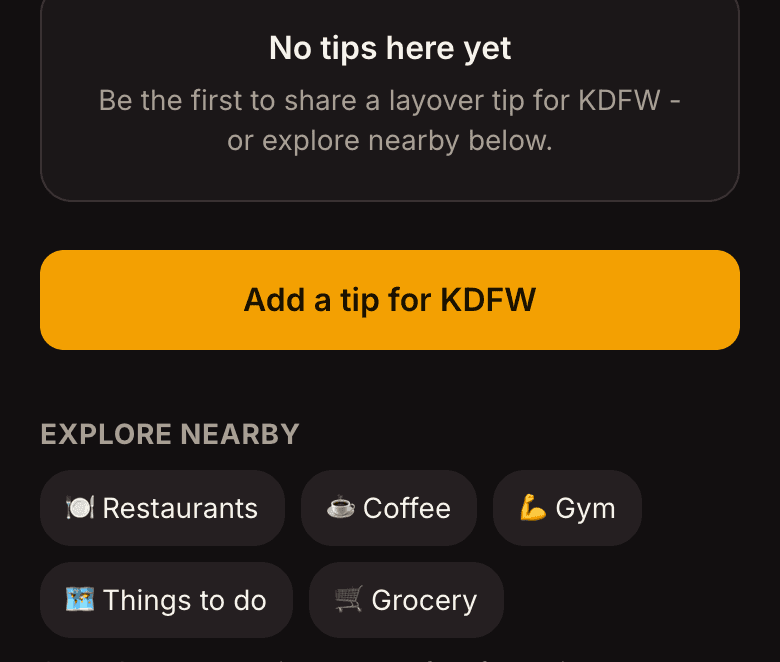 The layover tips section of an airport page, inviting the first tip and offering nearby restaurants, coffee, a gym and things to do.