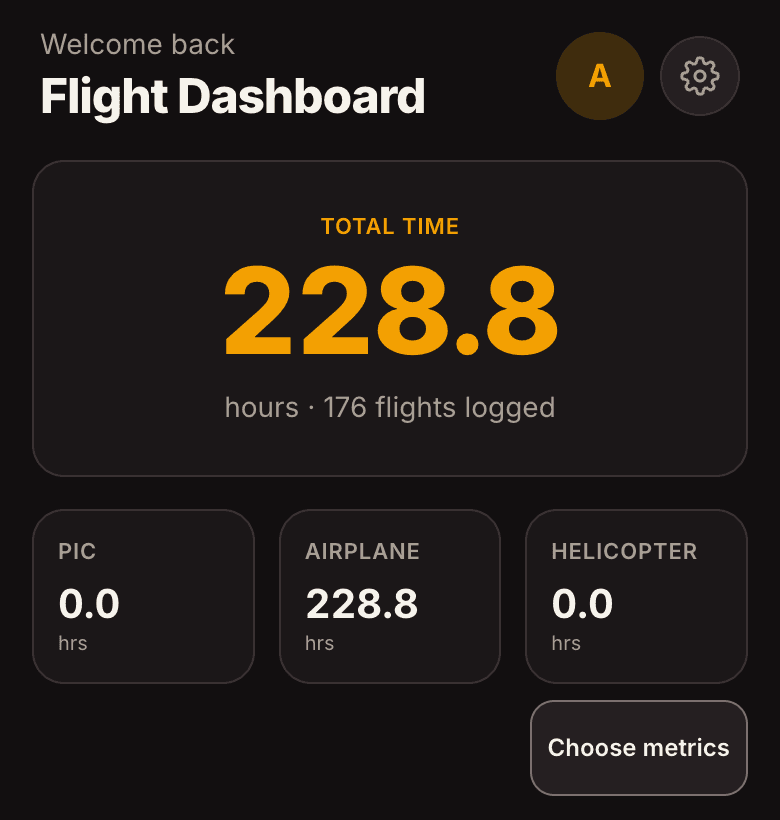 The OOOIPilot flight dashboard: total time in large figures, then tiles for PIC, airplane and helicopter hours, and a Customize dashboard button.
