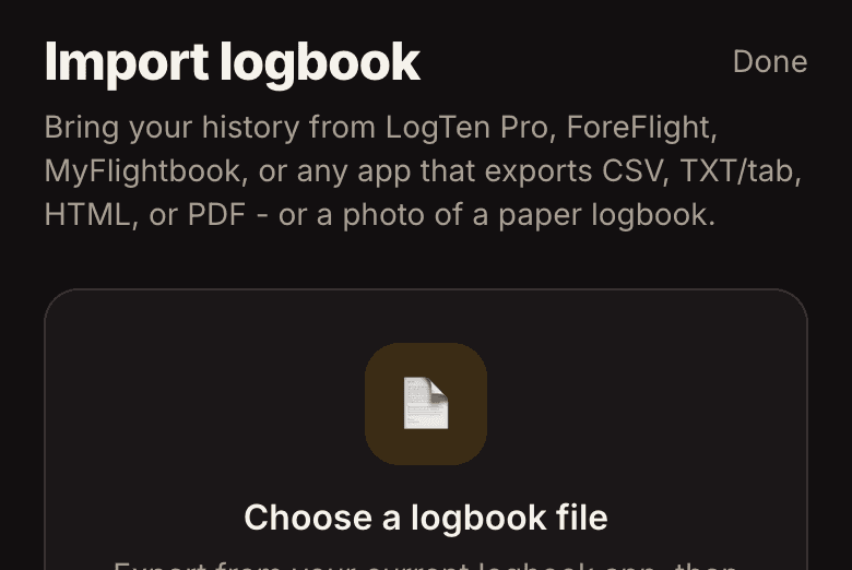 The import screen, offering to read a logbook exported from LogTen Pro, ForeFlight or MyFlightbook as CSV, tab-delimited text, HTML or PDF.