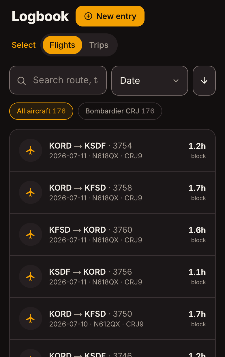 The logbook list on a phone: a search box, a date sort, aircraft filter chips, then one row per leg showing route, flight number, date, tail, type and block time.