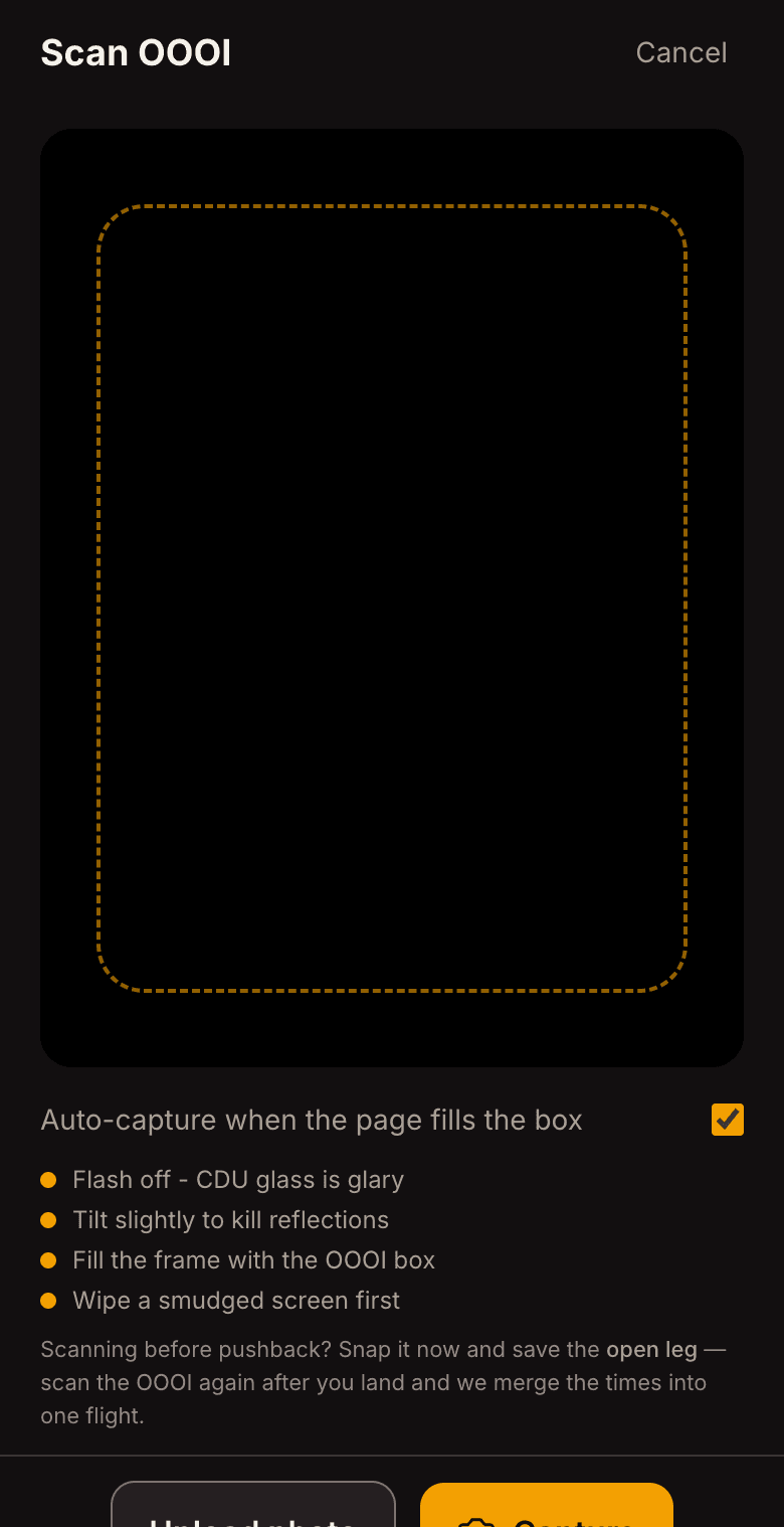 The scan screen framing an OOOI page, with auto-capture, a shutter, an upload-photo button and coaching about glare and filling the frame.