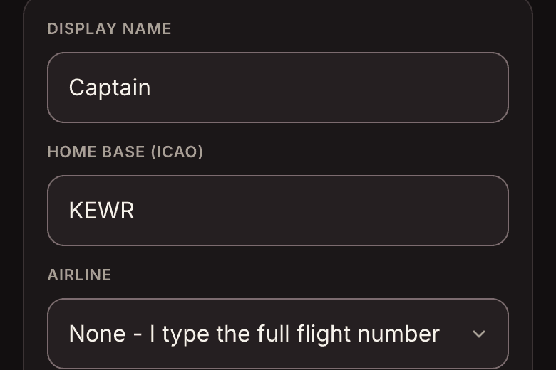 Settings, where a pilot sets their display name, home base and airline so flight numbers fill in automatically.